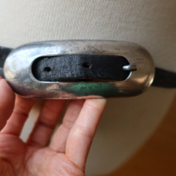 Streets Ahead belt black leather and large oval silver buckle size ITALY $185 S main image 12